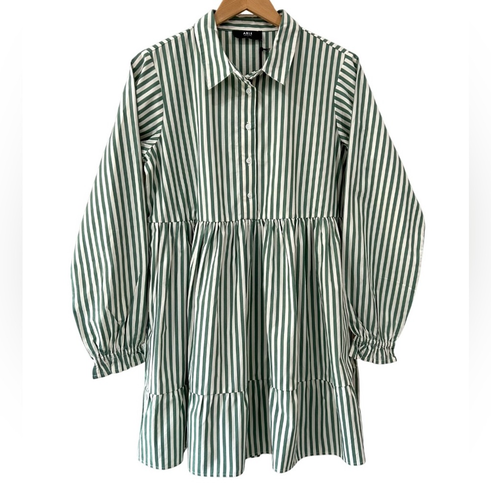 ABLE Aleesha swing Shirt dress L green cream cabana stripes tiered cotton NWT